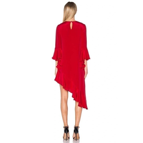 Alexis Hazel Asymmetric Dress Ruffle Trim Bell Sleeve Red M - Picture 3 of 12